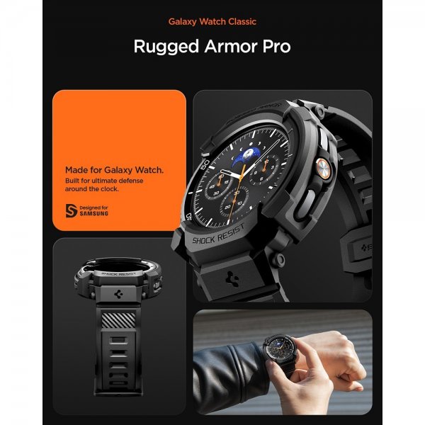 Spigen Samsung Galaxy Watch 8 Classic 46mm Armbånd og Cover Rugged Armor Pro Mat Sort