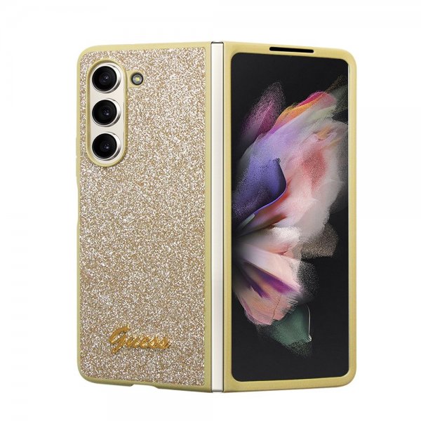 Guess Samsung Galaxy Z Fold 5 Cover Glitter Flakes Metal Logo Guld