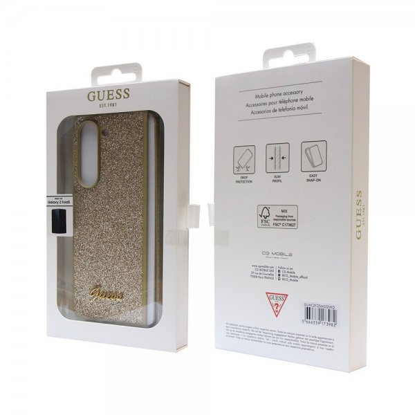 Guess Samsung Galaxy Z Fold 5 Cover Glitter Flakes Metal Logo Guld