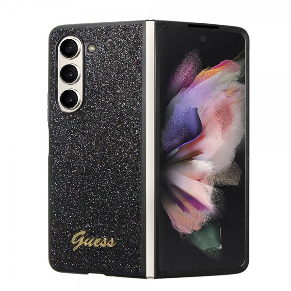 Gues Samsung Galaxy Z Fold 5 Cover Glitter Flakes Metal Logo Sort