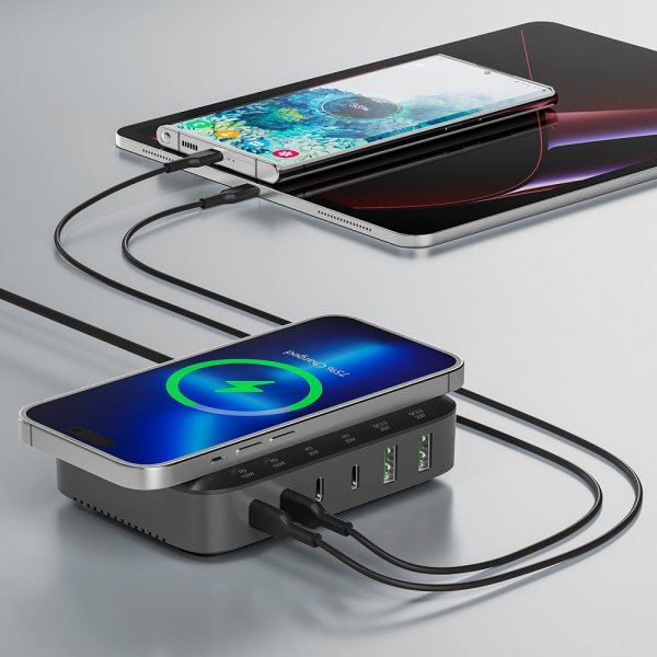 4smarts Skrivebordsoplader 7i1 GaN 100W med Trådløs Opladning Sort