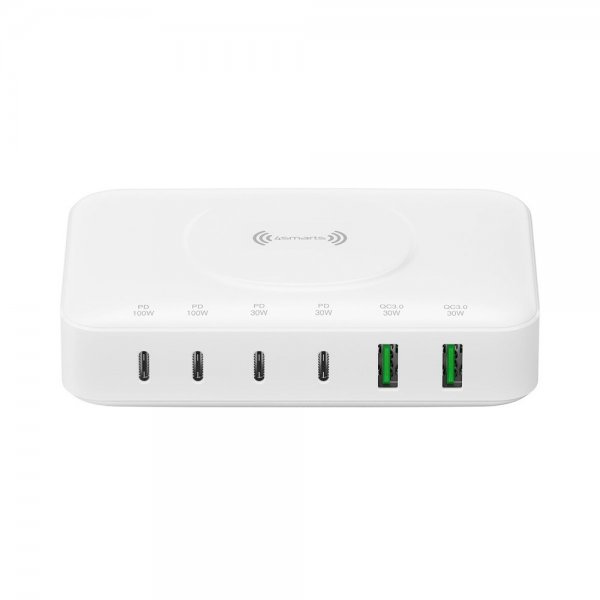 4smarts Skrivebordsoplader 7i1 GaN 100W med Trådløs Opladning Hvid