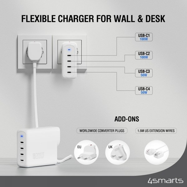 4smarts Skrivebordslader GaN Flex Pro 200W 4 USB-C