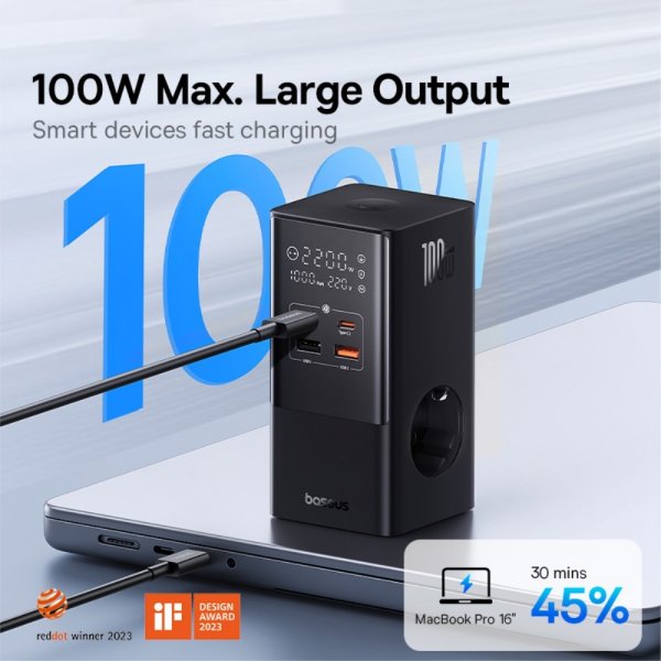 Baseus Skrivebordsoplader PowerCombo Tower Power Strip 100W Sort
