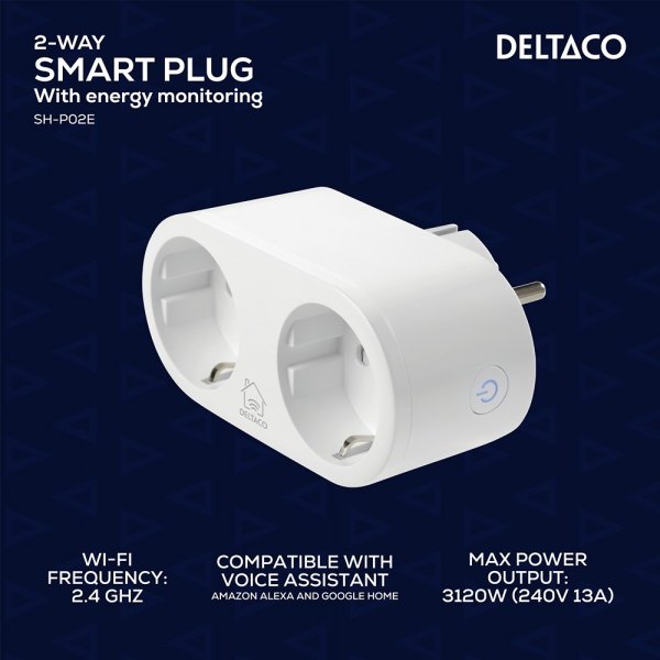 Deltaco Smart Home Smart Plug med dobbeltudtag og energiovervågning