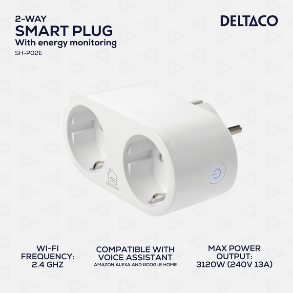 Deltaco Smart Home Smart Plug med dobbeltudtag og energiovervågning