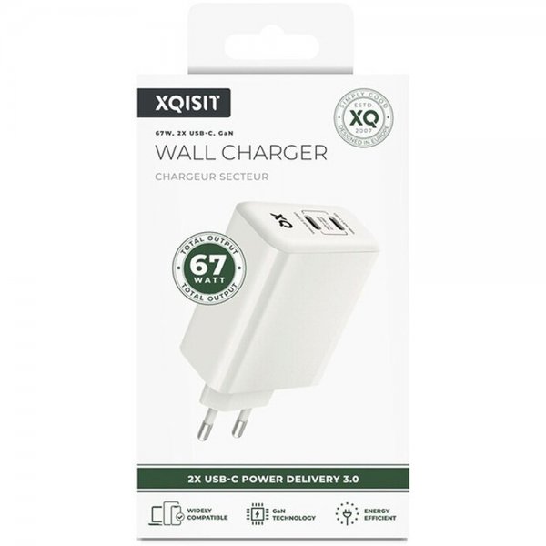 Xqisit Hurtigoplader 2xUSB-C PD 3.0 GaN 67W Hvid
