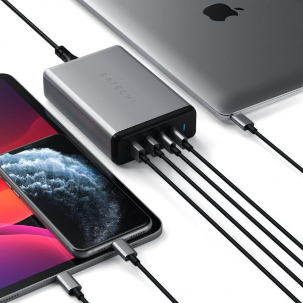 Satechi 108W PD rejseoplader med dobbelte USB-C og USB-A porte Grå