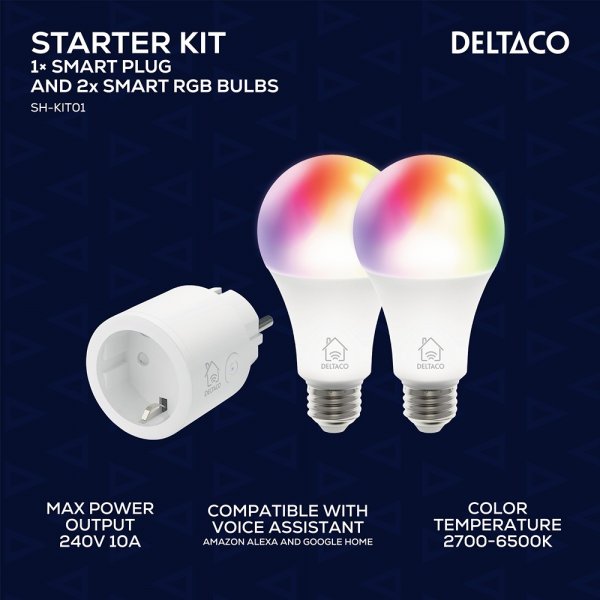 Deltaco Smart Home Starter Kit med Smart Plug og 2 RGB LED-pærer