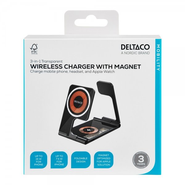 Deltaco Trådløs Oplader 3-i-1 Transparent Sammenklappelig MagSafe