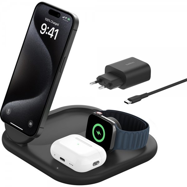 Belkin Trådløs Oplader BoostCharge 3-i-1 Foldbar MagSafe Qi2 15W Sort