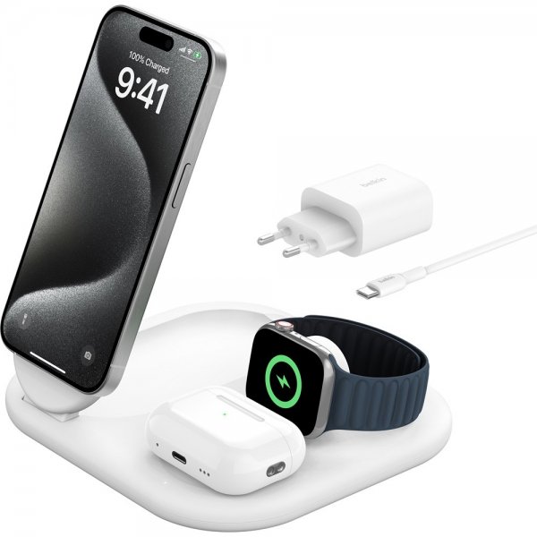 Belkin Trådløs Oplader BoostCharge 3-i-1 Foldbar MagSafe Qi2 15W Hvid