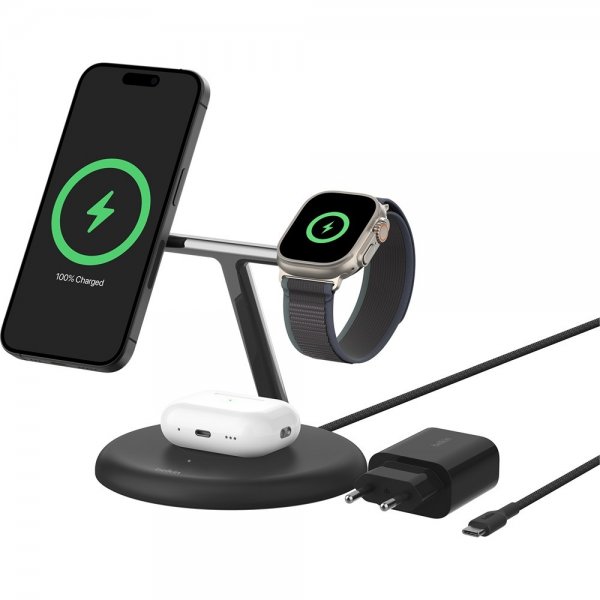 Belkin Trådløs Oplader BoostCharge Pro 3-i-1 MagSafe Qi2 15W Sort