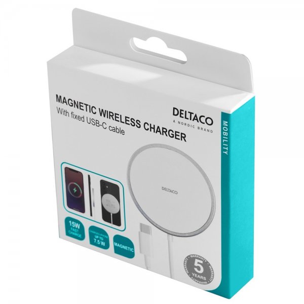 Deltaco Trådløs Oplader Magnetic Wireless Charger MagSafe Hvid