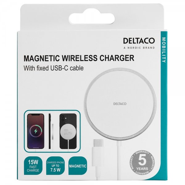 Deltaco Trådløs Oplader Magnetic Wireless Charger MagSafe Hvid