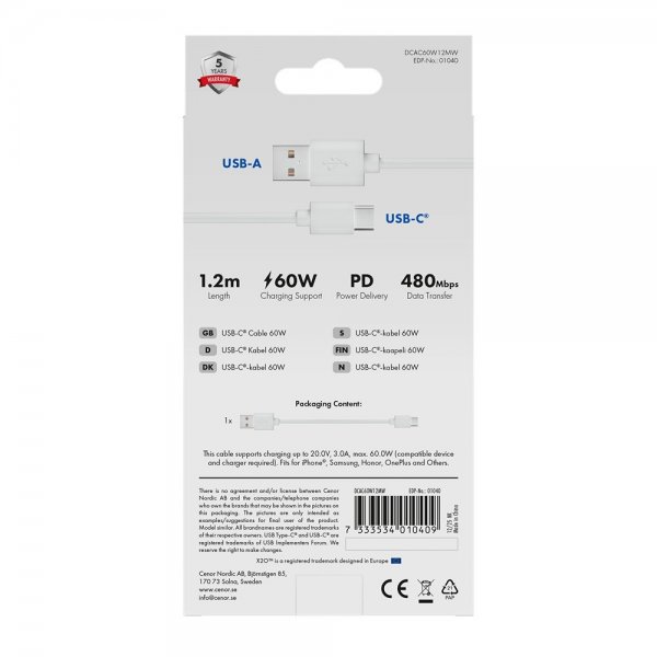 X2O USB-A til USB-C Kabel Basic 60W 1.2m Hvid