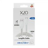 X2O USB-A til USB-C Kabel Longlife 60W 1m Hvid