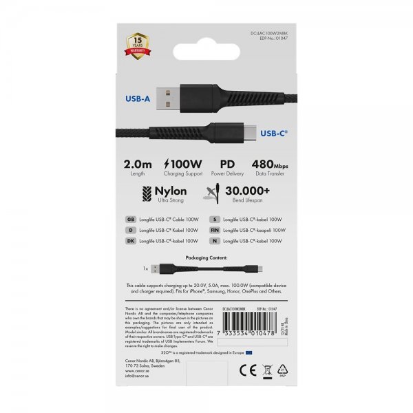X2O USB-A til USB-C Kabel Longlife 60W 2m Sort