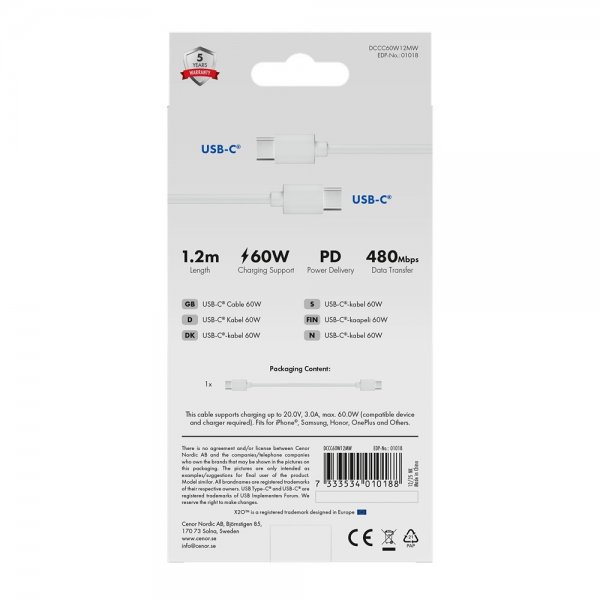 X2O USB-C til USB-C Kabel Basic 60W 1.2m Hvid