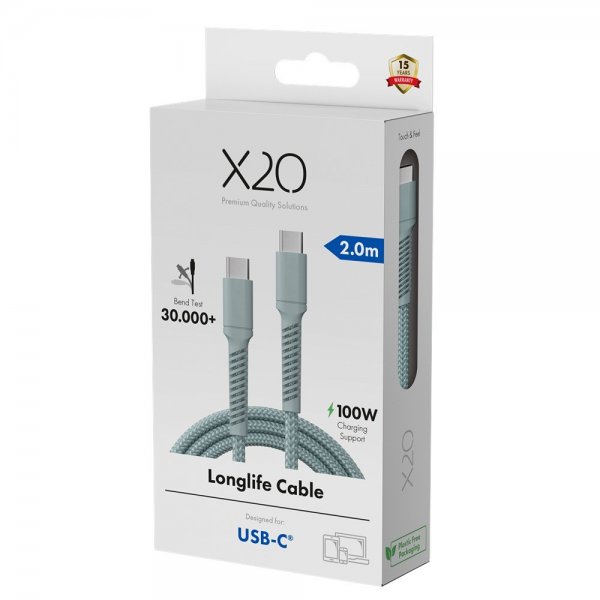 X2O USB-C til USB-C Kabel Longlife 100W 2m Blå
