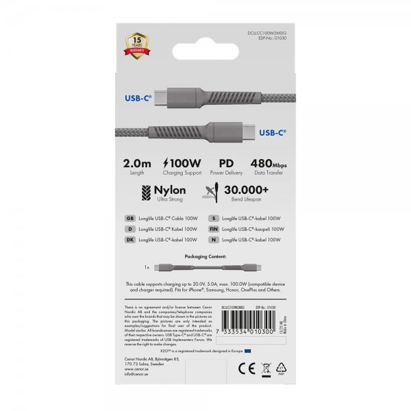 X2O USB-C til USB-C Kabel Longlife 100W 2m Grå