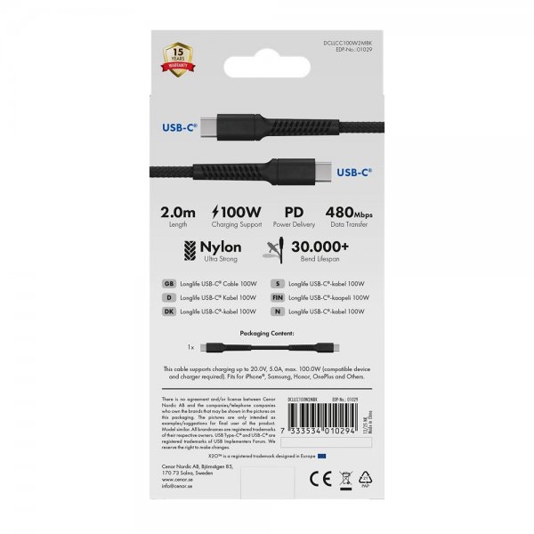 X2O USB-C til USB-C Kabel Longlife 100W 2m Sort