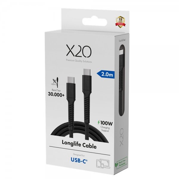 X2O USB-C til USB-C Kabel Longlife 100W 2m Sort