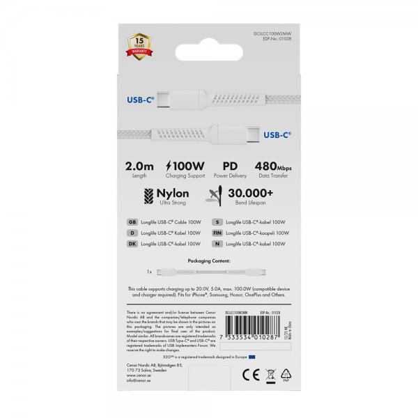 X2O USB-C til USB-C Kabel Longlife 100W 2m Hvid