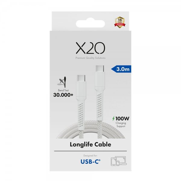 X2O USB-C til USB-C Kabel Longlife 100W 3m Hvid