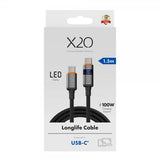 X2O USB-C til USB-C Kabel Longlife LED-display 100W 1.5m Sort