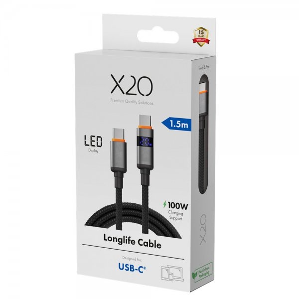 X2O USB-C til USB-C Kabel Longlife LED-display 100W 1.5m Sort