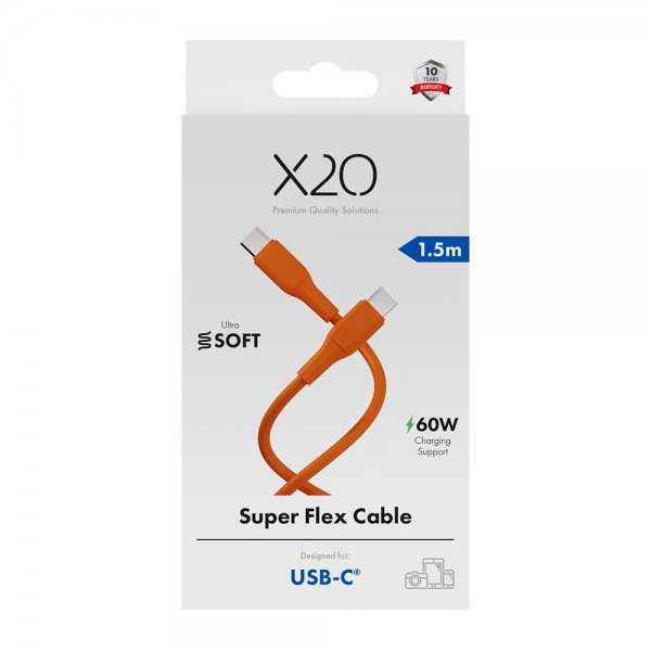 X2O USB-C til USB-C Kabel Superflex 60W 1.5m Orange