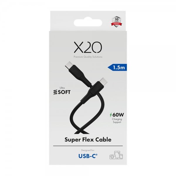 X2O USB-C til USB-C Kabel Superflex 60W 1.5m Sort