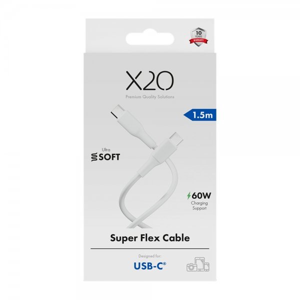 X2O USB-C til USB-C Kabel Superflex 60W 1.5m Hvid