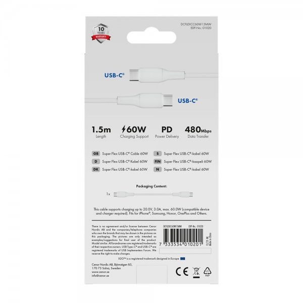 X2O USB-C til USB-C Kabel Superflex 60W 1.5m Hvid
