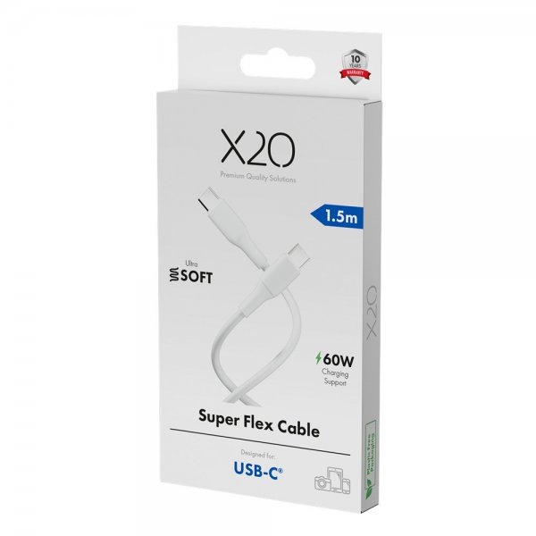 X2O USB-C til USB-C Kabel Superflex 60W 1.5m Hvid