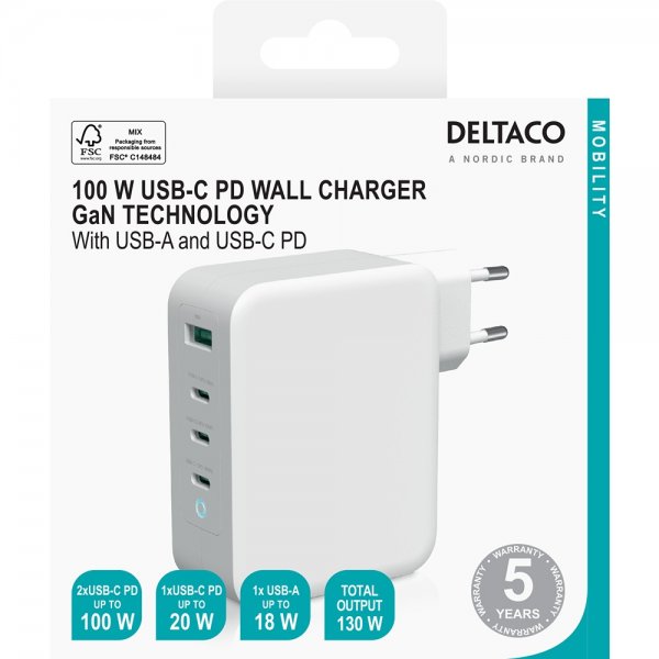 Deltaco vægoplader 3xUSB-C og 1xUSB-A GaN 100W