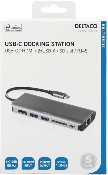 Deltaco Dockingstation USB-C med HDMI/RJ45/USB-A Space Grey