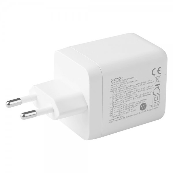 Deltaco Vægoplader GaN 1x USB-A 2x USB-C PPS 100W