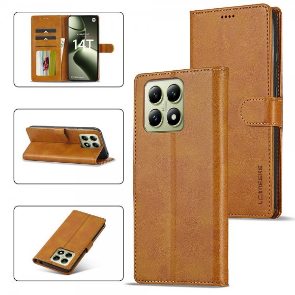 Lc.Imeeke Xiaomi 14T Cover med Kortlomme og Stativfunktion Lysebrun