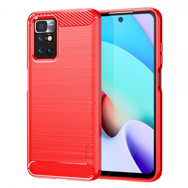 Mofi Xiaomi Redmi 10 Cover Børstet Kulfibertekstur Rød