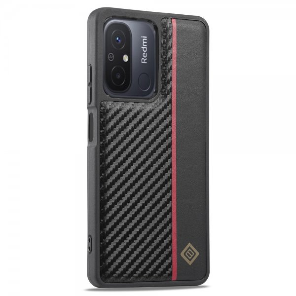 Lc.Imeeke Xiaomi Redmi 12C Cover Kulfibertekstur Rød Stribe Sort