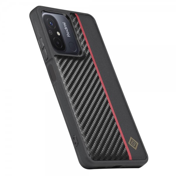 Lc.Imeeke Xiaomi Redmi 12C Cover Kulfibertekstur Rød Stribe Sort