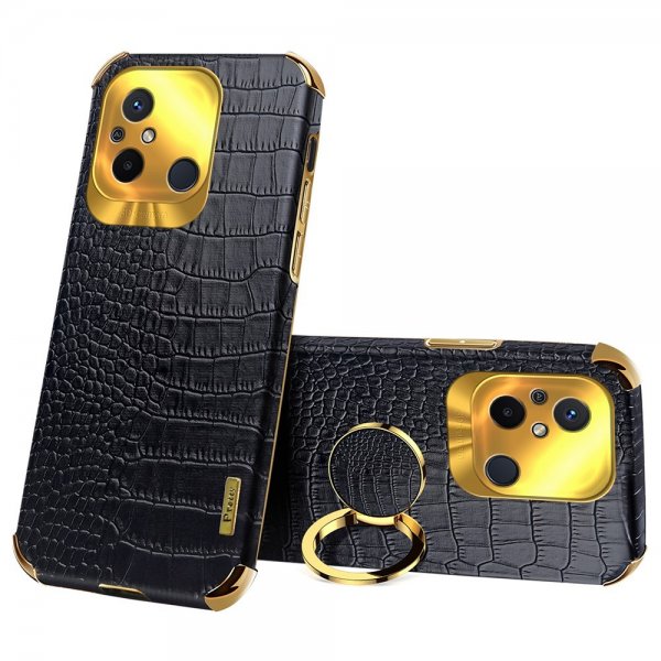 Xiaomi Redmi 12C Cover Krokodillemønster Finger Ring Sort